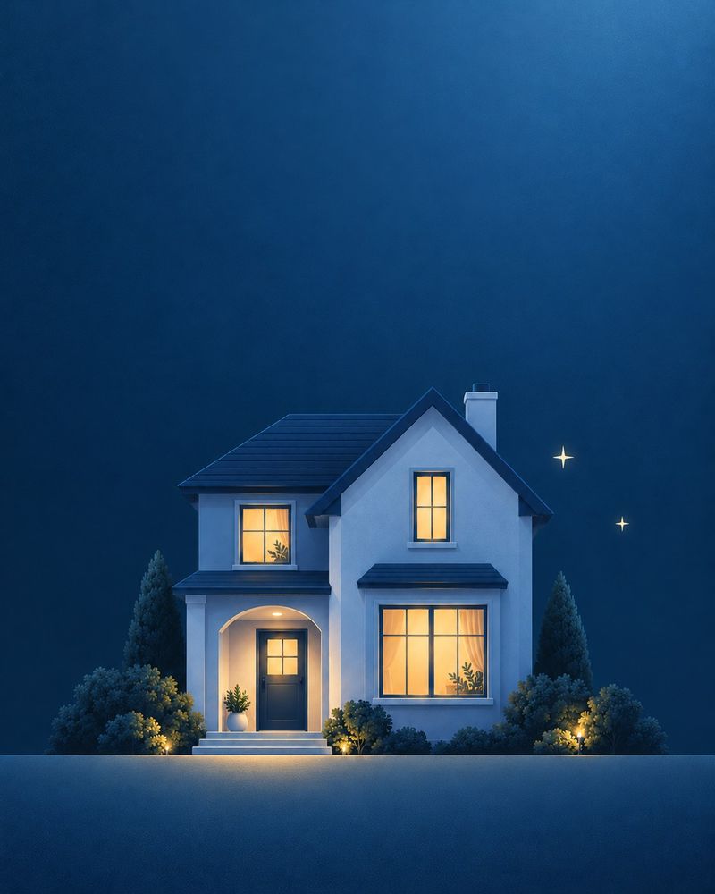 Illustration eines Hauses am Abend mit warm erleuchteten Fenstern.