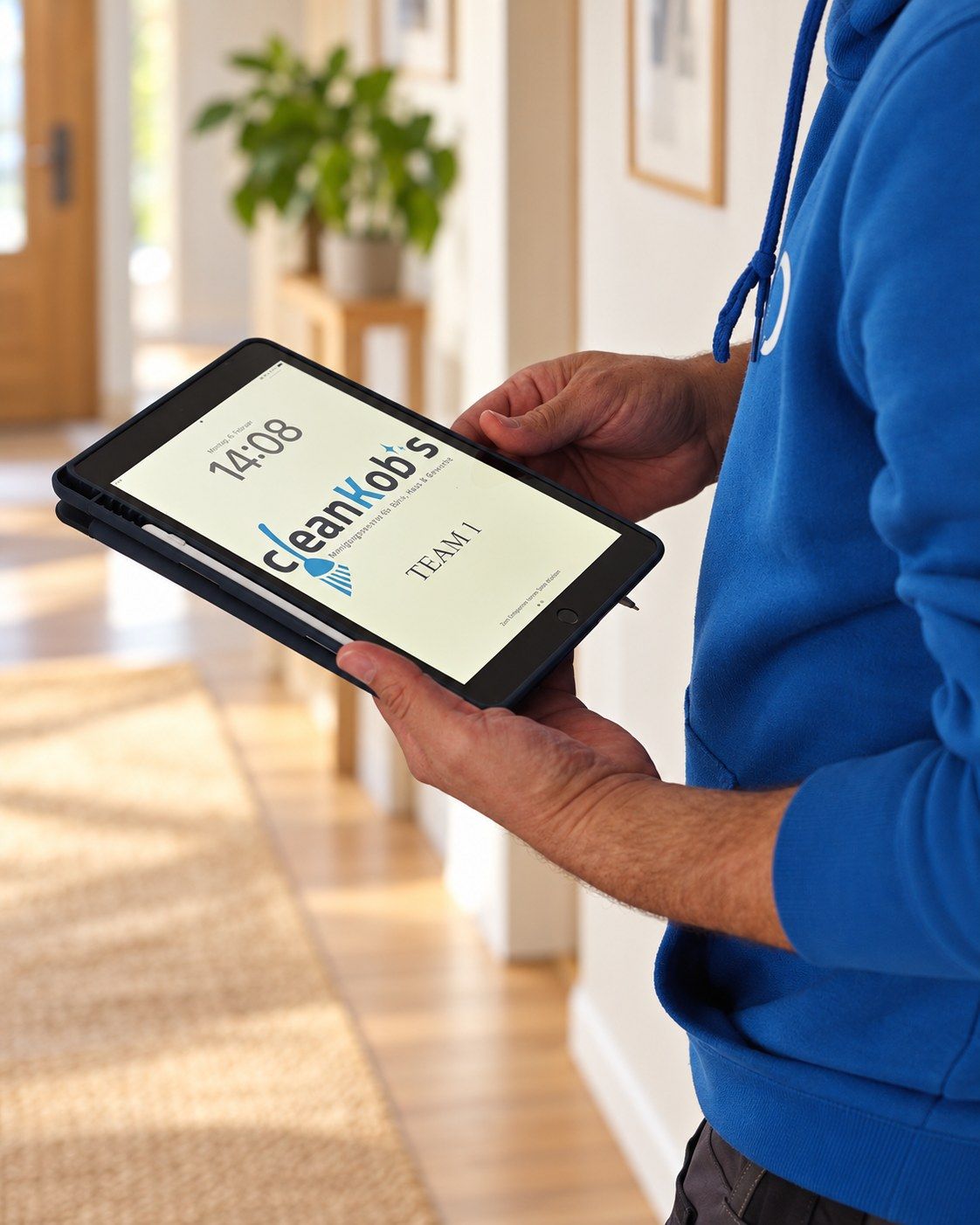 Mitarbeiter von CleanKobs im blauen Pullover mit einem Tablet, auf dem das CleanKobs-Logo und „Team 1“ zu sehen sind.